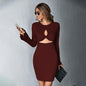 New Hollow Sexy Short Skirt Waffle Bell Sleeve Sheath Long Sleeve Dress