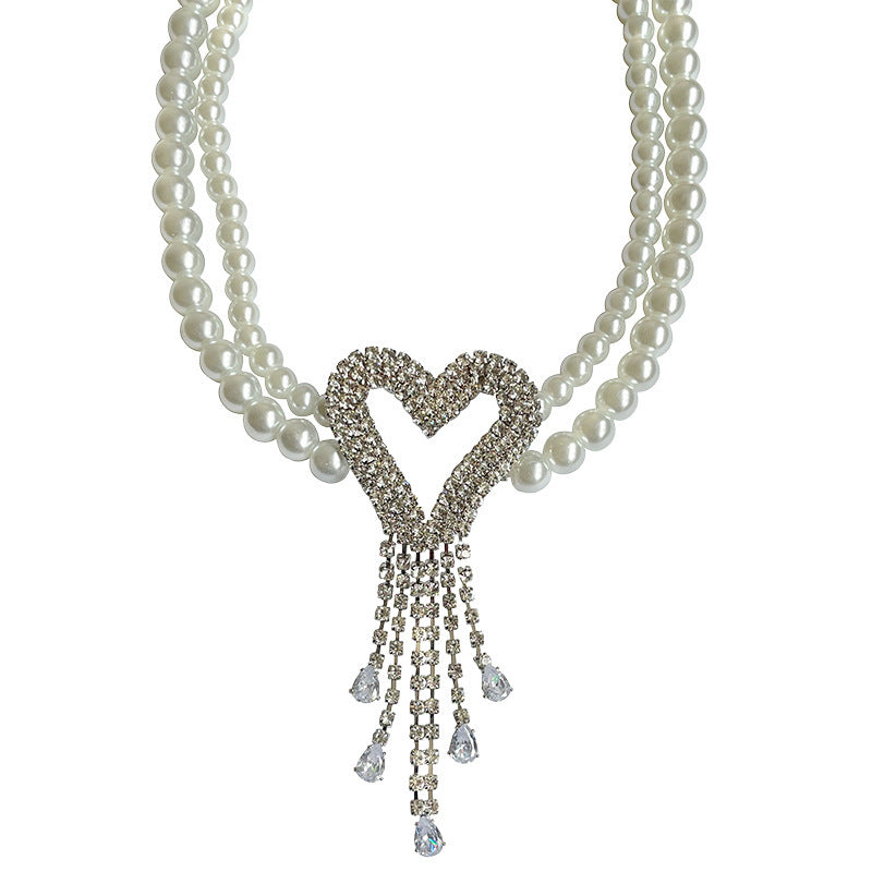 Fully Jeweled Loving Heart Tassel Stitching Pearl Necklace