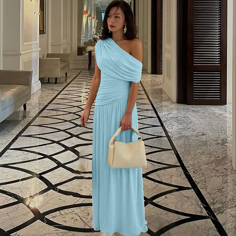 Fashion Sexy Diagonal Collar Pleated Irregular Solid Color Dress