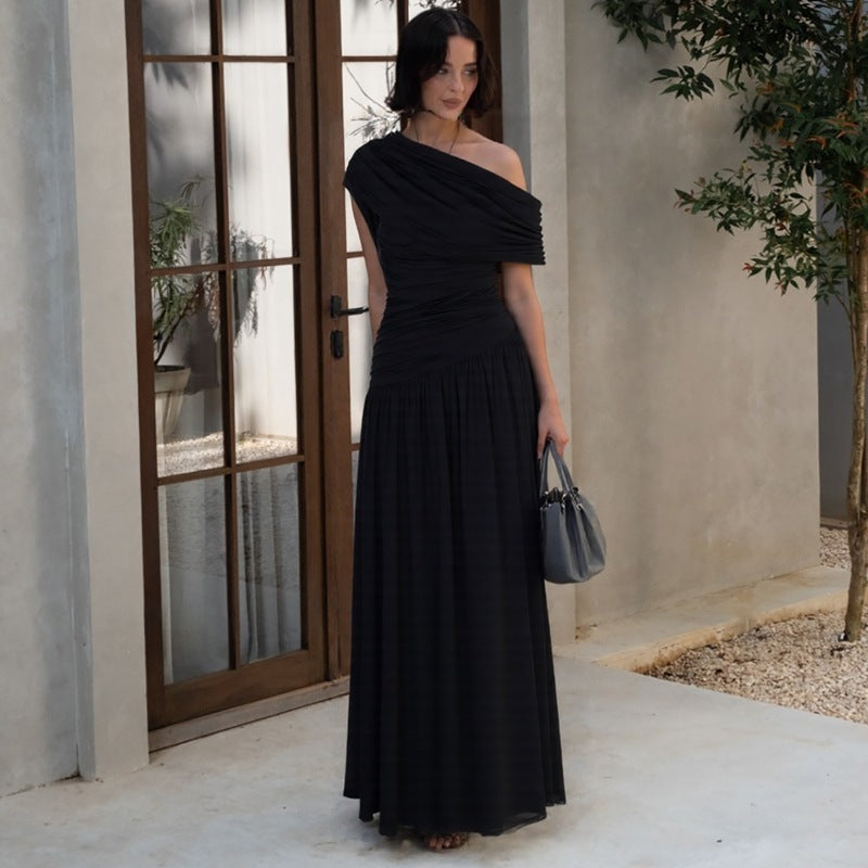 Fashion Sexy Diagonal Collar Pleated Irregular Solid Color Dress