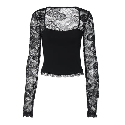 Sexy Lace Cutout Stitching Long Sleeve