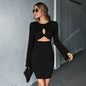 New Hollow Sexy Short Skirt Waffle Bell Sleeve Sheath Long Sleeve Dress