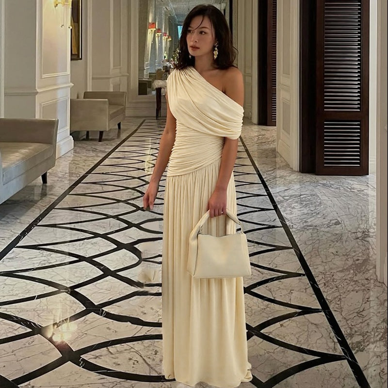 Fashion Sexy Diagonal Collar Pleated Irregular Solid Color Dress