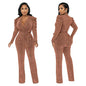 Sexy Waist Trimming V-neck Puff Sleeve Glossy Knitted Jumpsuit