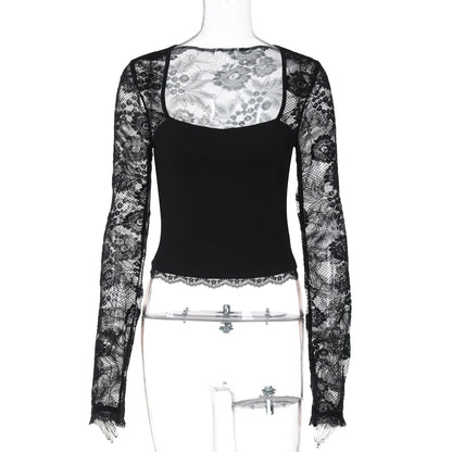 Sexy Lace Cutout Stitching Long Sleeve