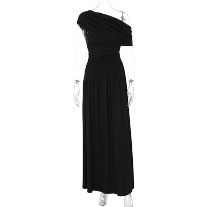 Fashion Sexy Diagonal Collar Pleated Irregular Solid Color Dress