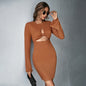 New Hollow Sexy Short Skirt Waffle Bell Sleeve Sheath Long Sleeve Dress